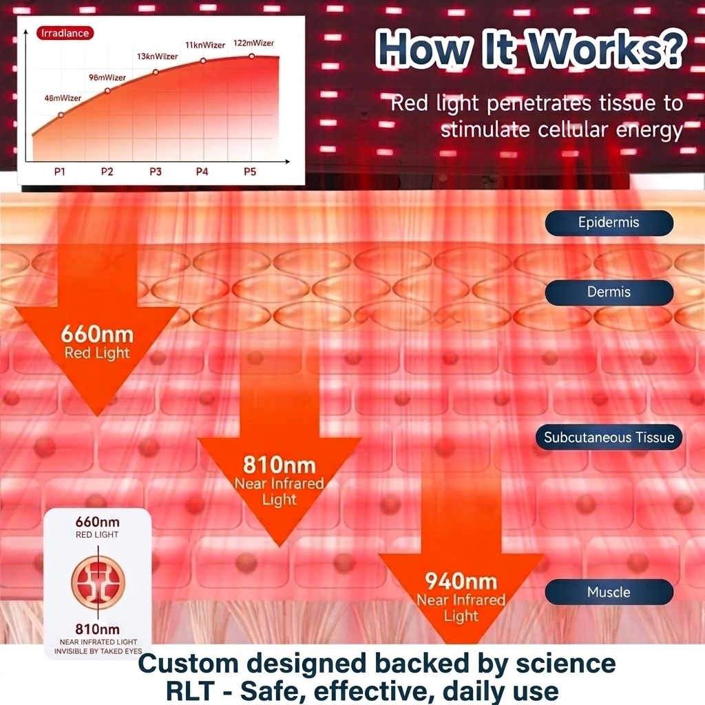 Photobiomodulation diagram showing 660nm, 810nm and 940nm wavelength penetration through skin layers to epidermis, dermis, subcutaneous tissue and muscle