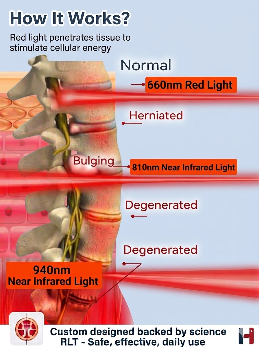 Diagram showing red and infrared light wavelength penetration through spinal structures